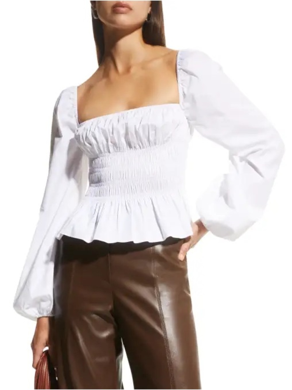 STAUD Jules Smocked Puff-Sleeve Peplum Top in White Size S
